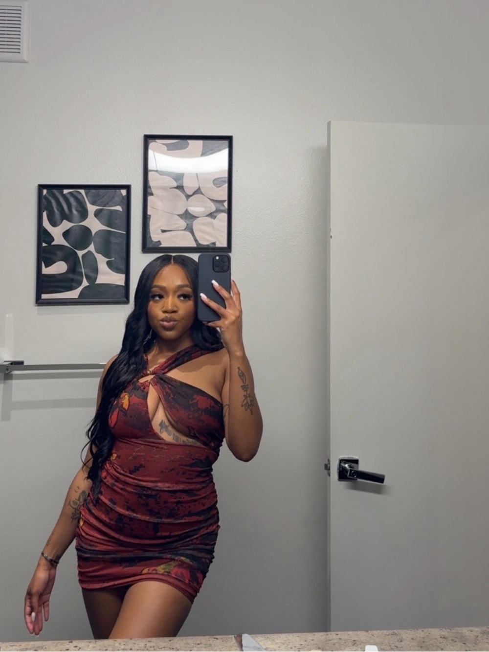 PrettyLittleThing Burgundy Floral Twist Cutout Mini Dress